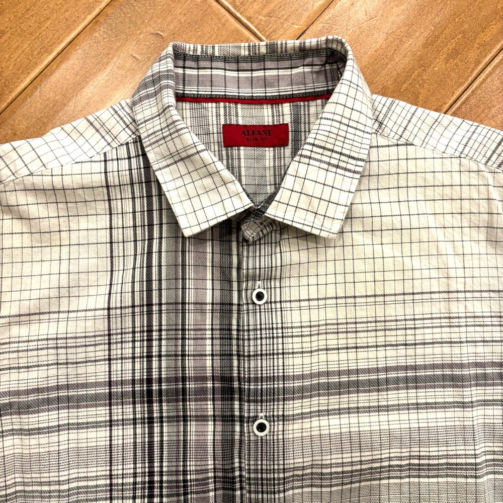 Alfani Mens Long Sleeve Button-front Cotton White and Gray Plaid Shirt Sz Large - Picture 2 of 11